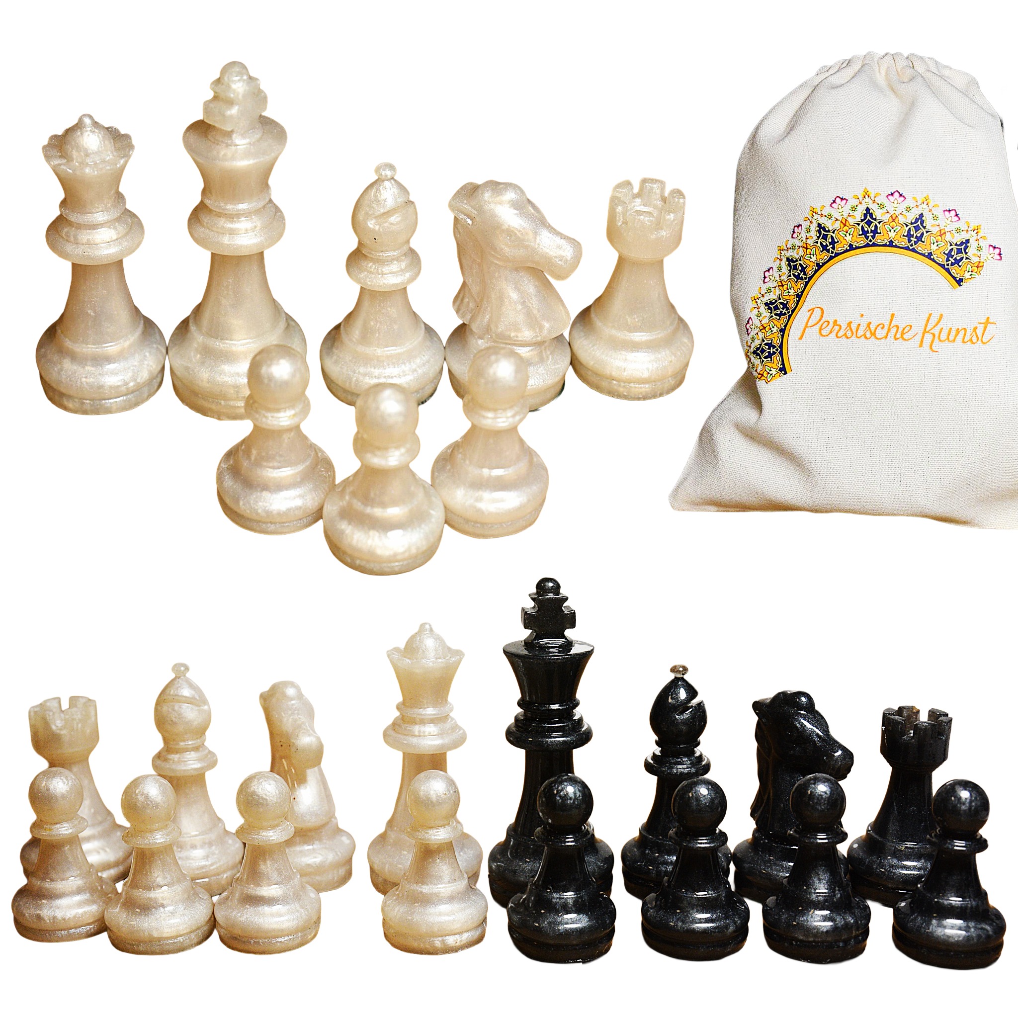 Premium Schachfiguren aus Epoxy Resin, 16 weiß und 16 Schwarze Figuren inklusive Tagebeutel