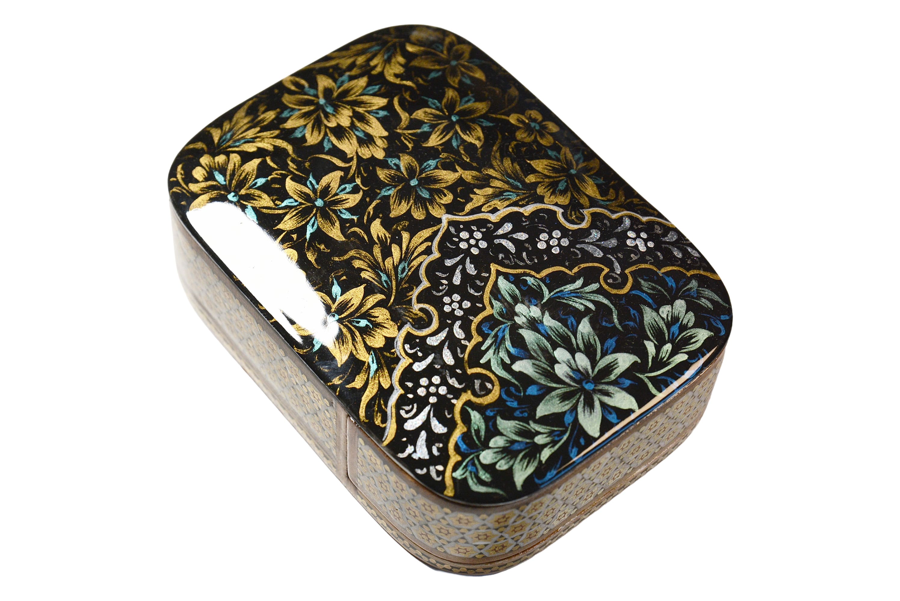 Edles Schmuckkästchen/Spielkartenbehälter aus Holz mit Intarsie und Handbelates Blumentmuster