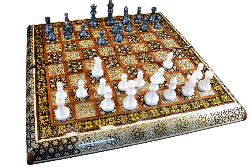 Schachbrett und Backgammon aus Holz mit Blumenmuster und Intarsien-Design