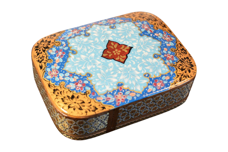 Edles Schmuckkästchen/Spielkartenbehälter aus Holz mit Intarsie und Handbelates Blumentmuster