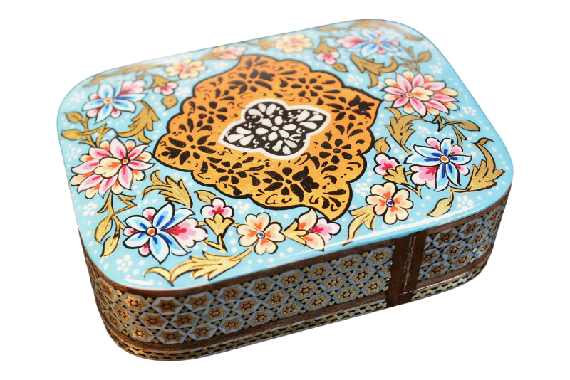 Edles Schmuckkästchen/Spielkartenbehälter aus Holz mit Intarsie und Handbelates Blumentmuster