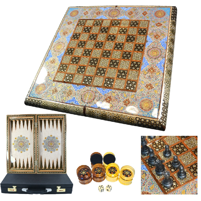 Schachbrett-Seite vom hochwertiges Schachbrett und Backgammon mit Blumenmuster und Intarsien-Design