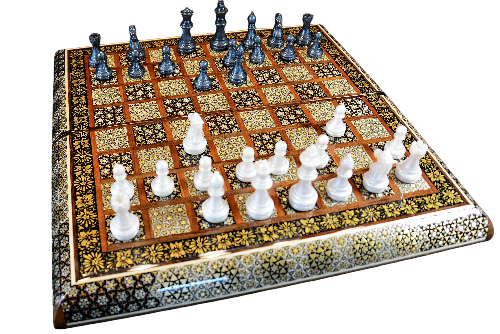 Schachbrett und Backgammon aus Holz mit Blumenmuster und Intarsien-Design