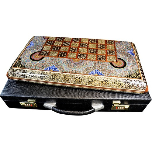 Backgammonsteine auf Backgammon mit blauem Blumenmuster und Intarsien-Design mit den maßen 50 x 50 x 3 cm