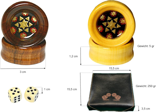 Backgammon Spielsteine und Wurfel in der Kunstledertasche
