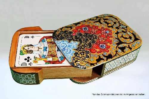 Edler Schmuckkasten/Spielkartenbehälter aus Holz mit Intarsie und Handbelates Blumentmuster
