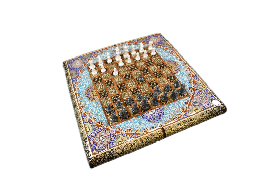 hochwertiges Schachbrett und Backgammon aus Holz mit Blumenmuster und Intarsien-Design auf dem Blauen Stoff