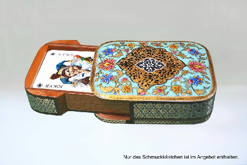 Edler Schmuckkasten/Spielkartenbehälter aus Holz mit Intarsie und Handbelates Blumentmuster