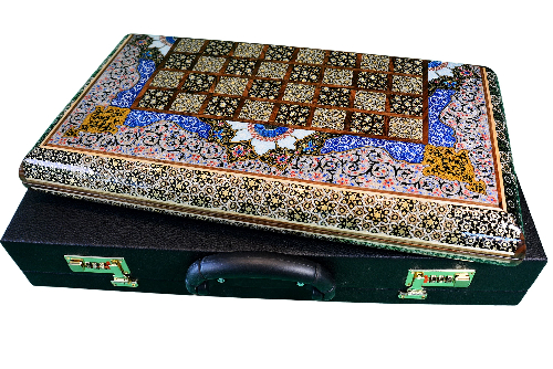 Backgammonsteine auf Backgammon mit blauem Blumenmuster und Intarsien-Design mit den maßen 50 x 50 x 3 cm