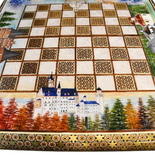 Schachbrett mit Intarsien-Design und handgemalten Bilder Schloss Neuschwanstein, Frauenkirche Dresden usw.