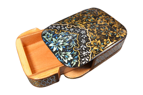 Edles Schmuckkästchen/Spielkartenbehälter aus Holz mit Intarsie und Handbelates Blumentmuster