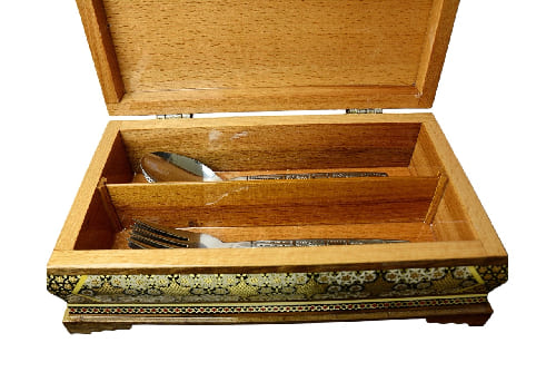 Edle Besteckbox aus Holz mit Intarsien-Design mit zwei Fäscher