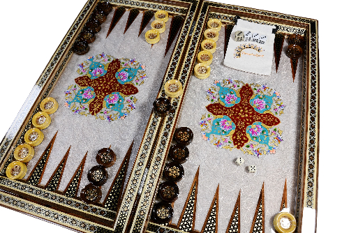 hochwertigen Backgammon mit blauem Blumenmuster und Intarsien-Design mit den maßen 50 x 50 x 3 cm