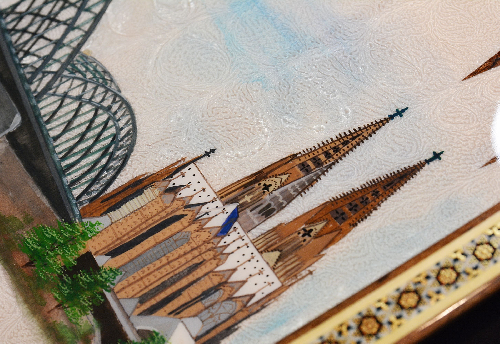 Schachbrett mit Intarsien-Design und handgemalten Bilder Schloss Neuschwanstein, Frauenkirche Dresden usw.