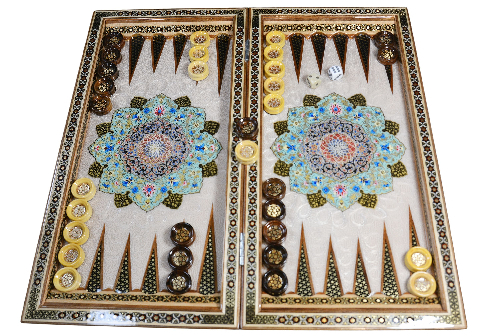 hochwertigen Backgammon mit blauem Blumenmuster und Intarsien-Design mit den maßen 50 x 50 x 3 cm