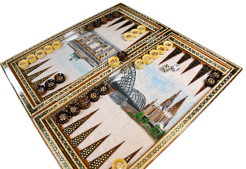 Schachbrett mit Intarsien-Design und handgemalten Bilder Schloss Neuschwanstein, Frauenkirche Dresden usw.