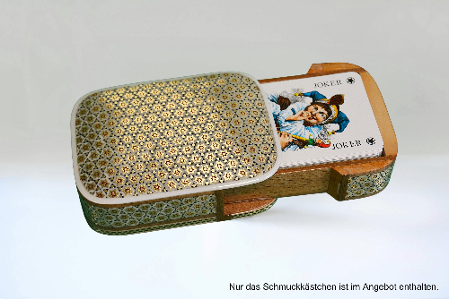 Edler Schmuckkasten/Spielkartenbehälter aus Holz mit Intarsie geöffnet