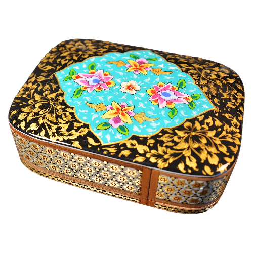 Edles Schmuckkästchen/Spielkartenbehälter aus Holz mit Intarsie und Handbelates Blumentmuster