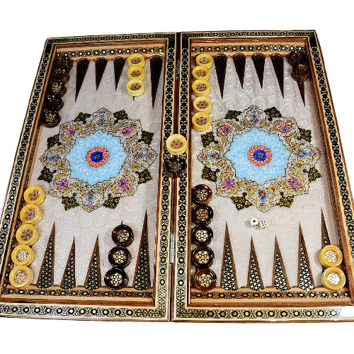 hochwertigen Backgammon mit blauem Blumenmuster und Intarsien-Design mit den maßen 50 x 50 x 3 cm