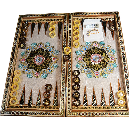 hochwertigen Backgammon mit blauem Blumenmuster und Intarsien-Design mit den maßen 50 x 50 x 3 cm