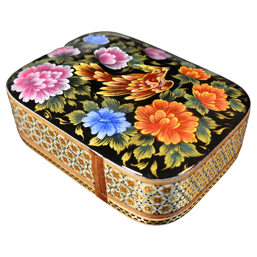 Edles Schmuckkästchen/Spielkartenbehälter aus Holz mit Intarsie und Handbelates Blumentmuster