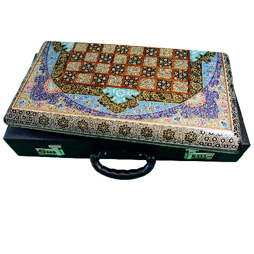 Backgammonsteine auf Backgammon mit blauem Blumenmuster und Intarsien-Design mit den maßen 50 x 50 x 3 cm