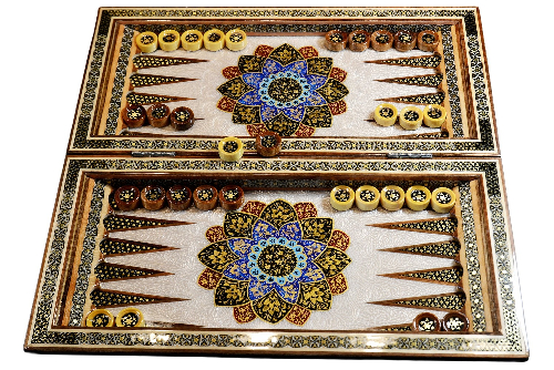 Schachbrett und Backgammon aus Holz mit Blumenmuster und Intarsien-Design