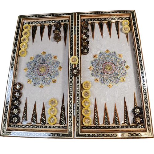 hochwertigen Backgammon mit blauem Blumenmuster und Intarsien-Design mit den maßen 50 x 50 x 3 cm