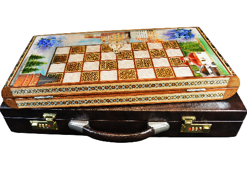 Schachbrett mit Intarsien-Design und handgemalten Bilder Schloss Neuschwanstein, Frauenkirche Dresden usw.