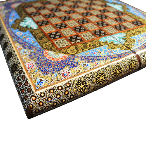 Backgammonsteine auf Backgammon mit blauem Blumenmuster und Intarsien-Design mit den maßen 50 x 50 x 3 cm