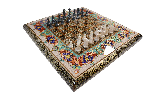 Backgammon-Seite vom hochwertiges Schachbrett und Backgammon mit Blumenmuster und Intarsien-Design
