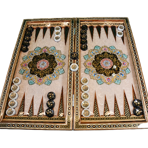 Backgammonsteine auf Backgammon mit blauem Blumenmuster und Intarsien-Design mit den maßen 50 x 50 x 3 cm