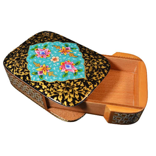 Edles Schmuckkästchen-Spielkartenbehälter aus Holz mit Intarsie und Handbelates Blumentmuster