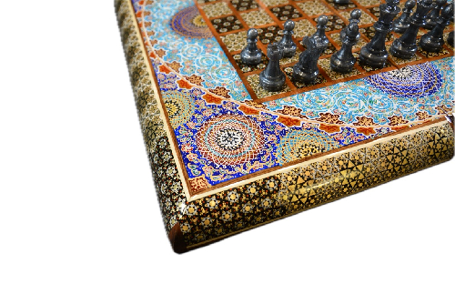 Gelbes Blumenmuster vom Schachbrett und Backgammon aus Holz mit Intarsien-Design