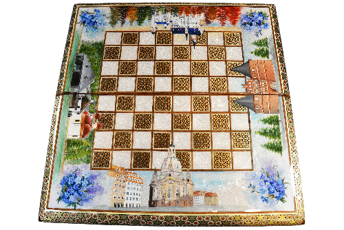 Schachbrett mit Intarsien-Design und handgemalten Bilder Schloss Neuschwanstein, Frauenkirche Dresden usw.