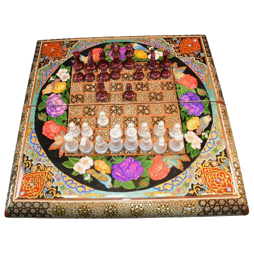 Schachbrett und Backgammon aus Holz mit Blumenmuster und Intarsien-Design