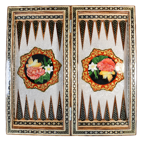 Backgammon aus Holz mit Blumenmuster und Intarsien-Design