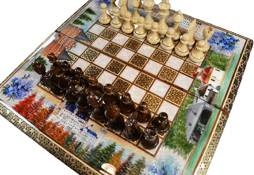 Schachbrett mit Intarsien-Design und handgemalten Bilder Schloss Neuschwanstein, Frauenkirche Dresden usw.