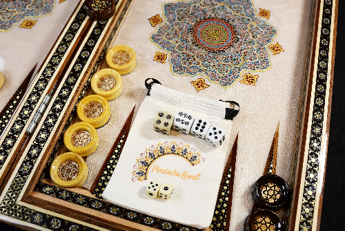 Backgammonsteine auf Backgammon mit blauem Blumenmuster und Intarsien-Design mit den maßen 50 x 50 x 3 cm