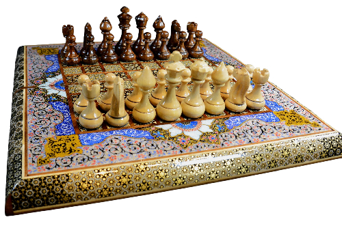 Backgammonsteine auf Backgammon mit blauem Blumenmuster und Intarsien-Design mit den maßen 50 x 50 x 3 cm