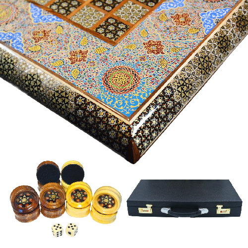 Backgammon-Seite vom hochwertiges Schachbrett und Backgammon mit Blumenmuster und Intarsien-Design